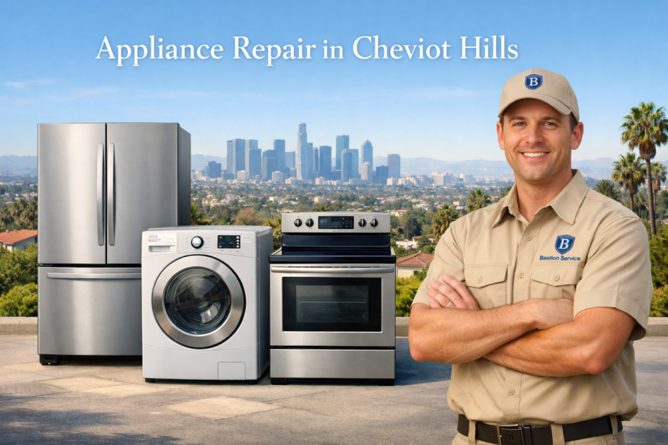 Appliance repair technician with household appliances in Cheviot Hills