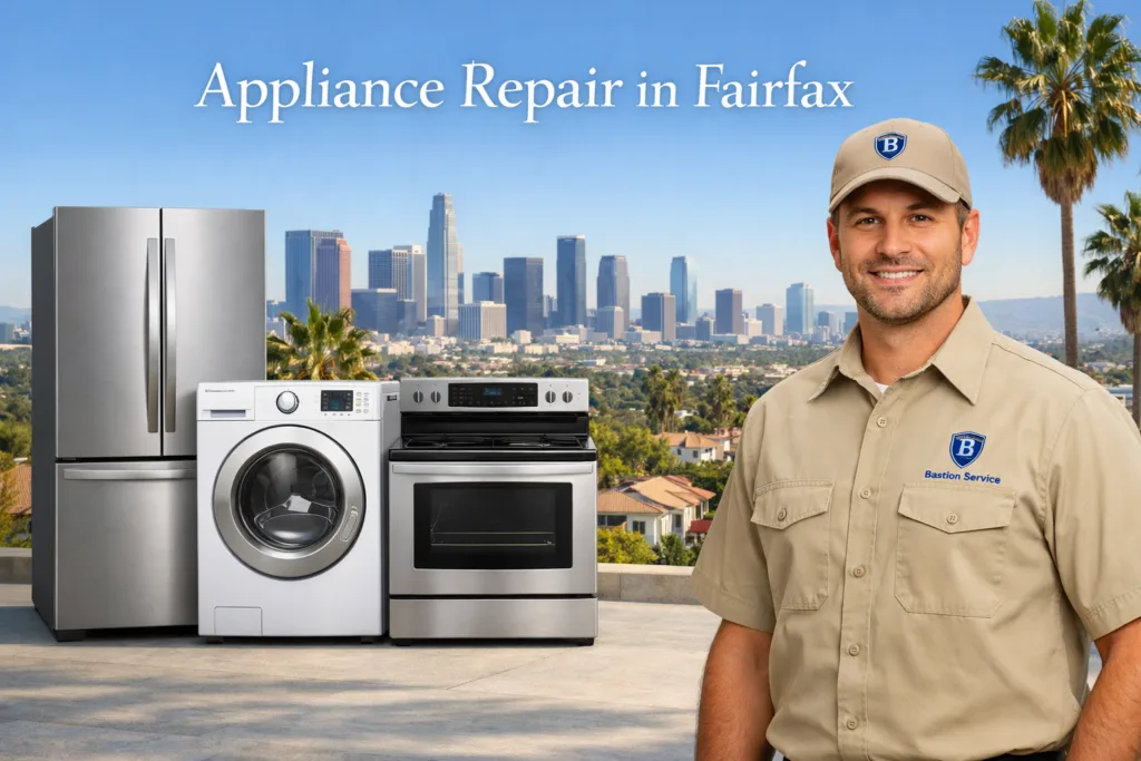 Appliance repair technician with household appliances in Fairfax