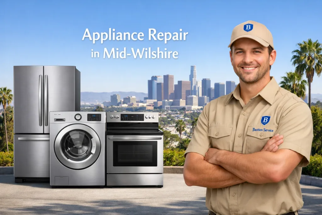Appliance repair technician with household appliances in Mid-Wilshire
