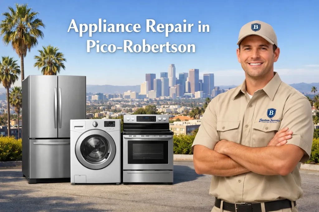 Appliance repair technician with household appliances in Pico-Robertson