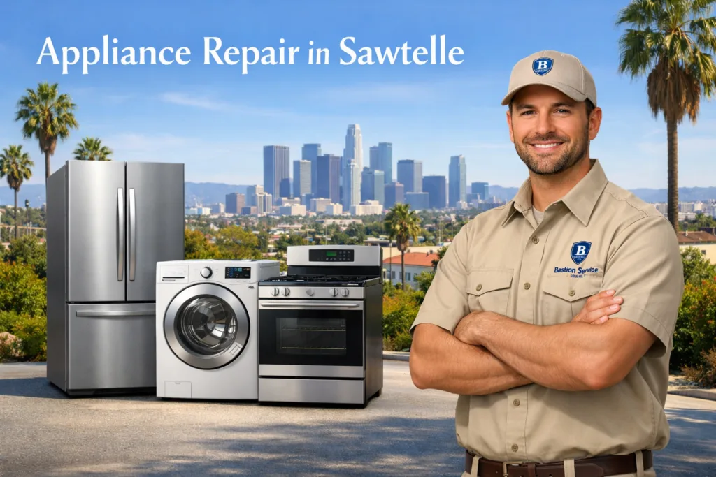 Appliance repair technician with household appliances in Sawtelle