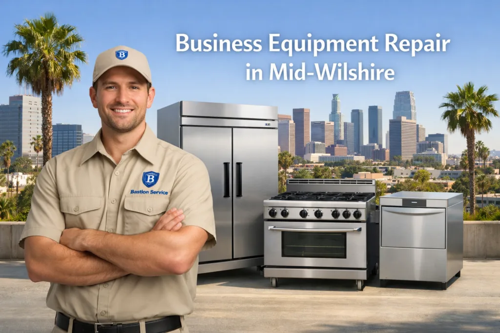 Business equipment repair technician with equipment in Mid-Wilshire
